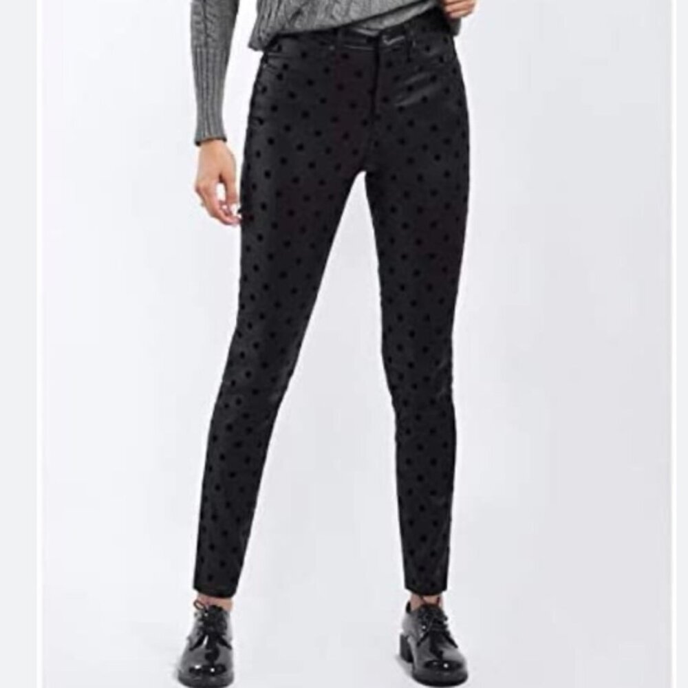 Joe Fresh NEW Slim Polka Dot Black Stretch Pants Zipper Cotton Velvet Pockets 10